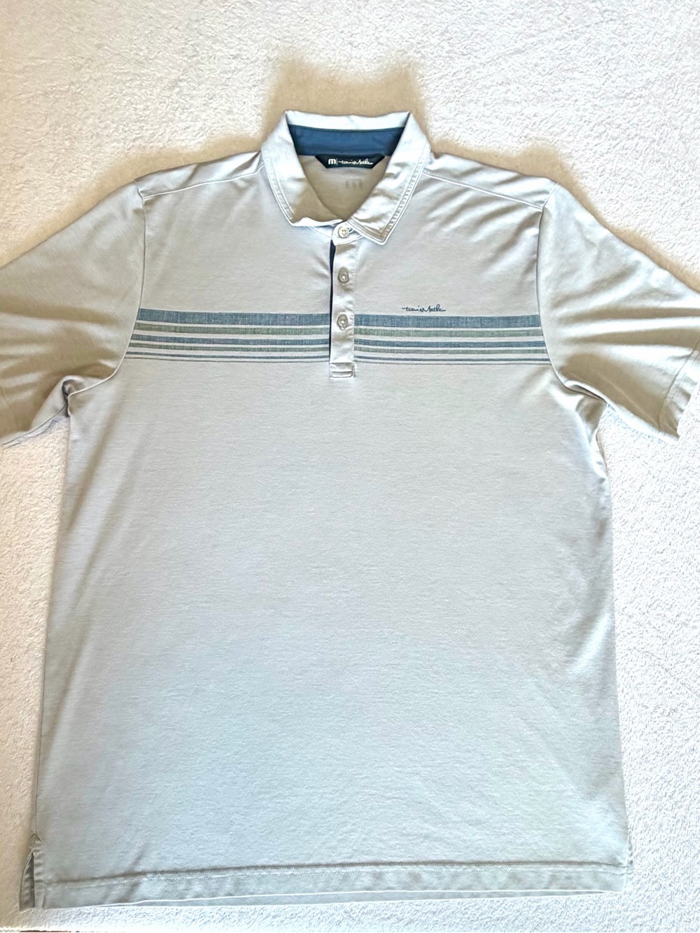 TravisMathew Men's Golf Light Gray Striped Polo Shirt, XL